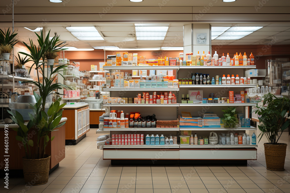 Pharmacy counter in store interior.