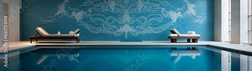 An indoor swimming pool with azure waters, the wall tiles around providing space for pool safety guidelines or art. photo