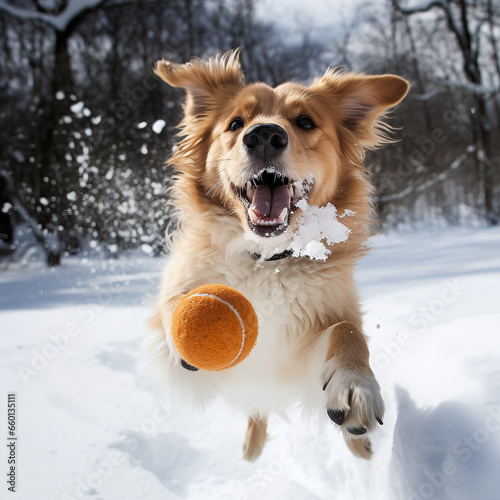 Happy dog playing in the winter landscape, with snow, snowfall. Dog in a winter wonderland chasing a ball