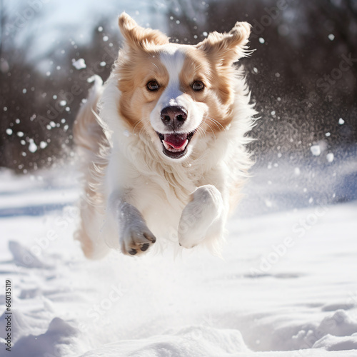 Happy dog playing in the winter landscape, with snow, snowfall. Dog running in a winter wonderland