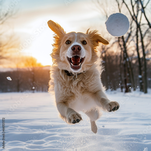 Happy dog playing in the winter landscape, with snow, snowfall. Dog in a winter wonderland chasing a snowball