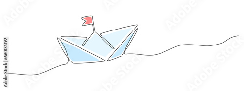 One continuous line drawing of paper boat. Origami ship concept success leadership of business in simple linear style. Editable stroke design for representation startup. Doodle Vector illustration