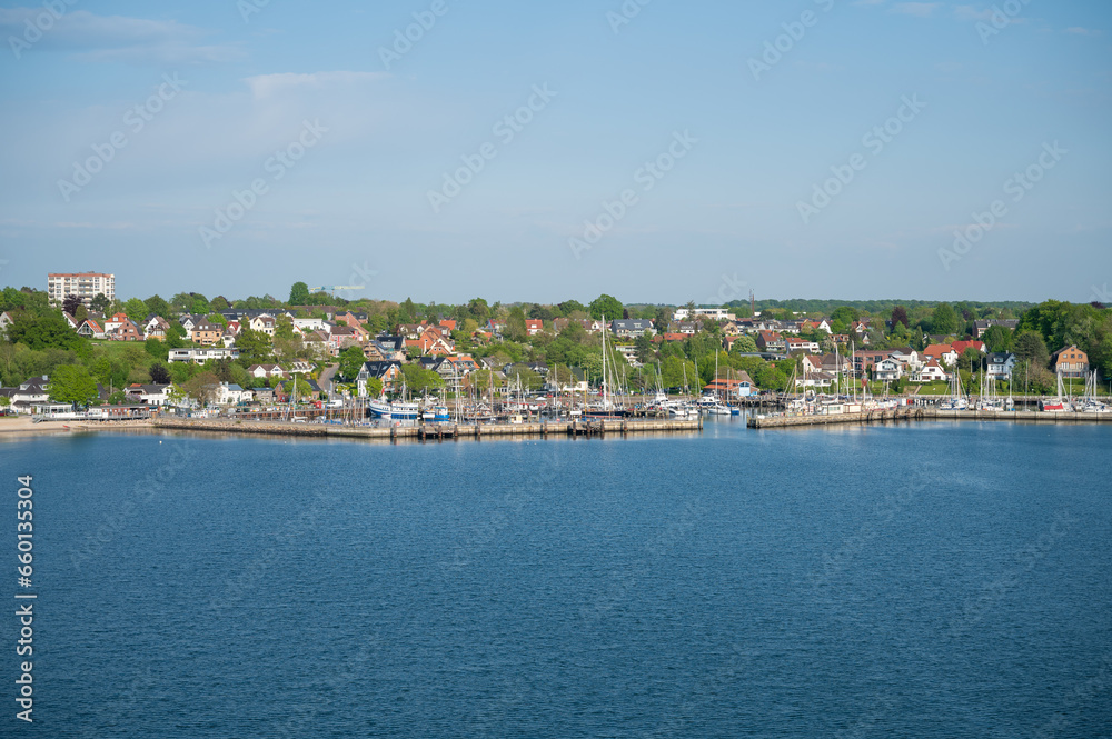 Small harbor port at Kiel with sea in front, aerial view, Germany