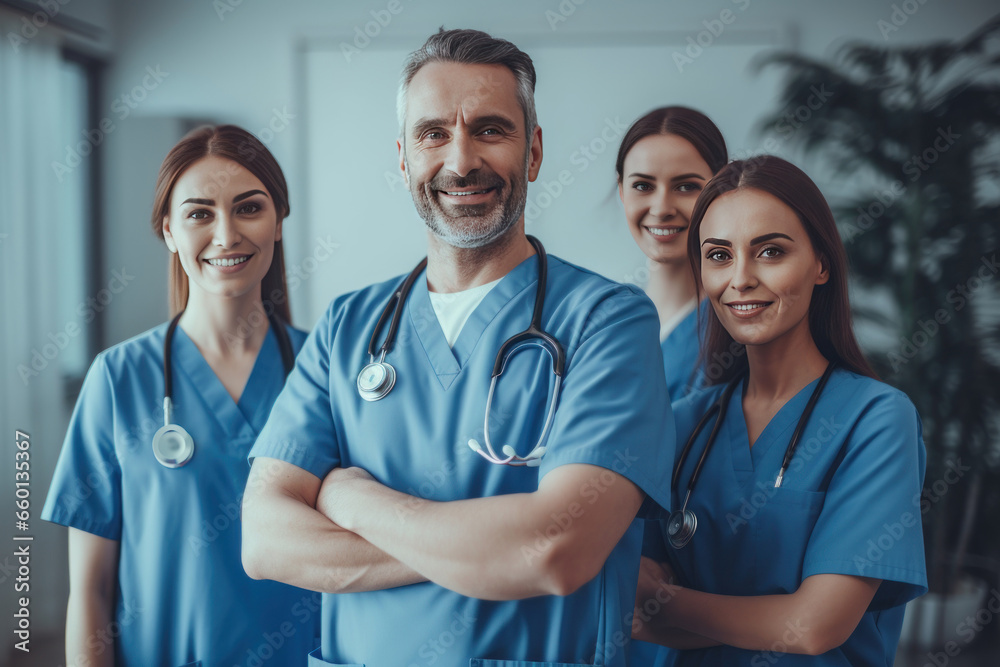 Portrait of group of happy doctors and nurses in hospital. Confident physicians standing in medical clinic. Medicine and healthcare Portrait of group of happy doctors and nurses in hospital. Confident physicians standing in medical clinic. Medicine and healthcare