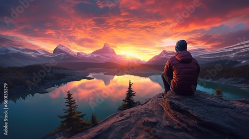 a man on cliff edge looking at sunset scenery with lake and mountain nature background  Generative Ai