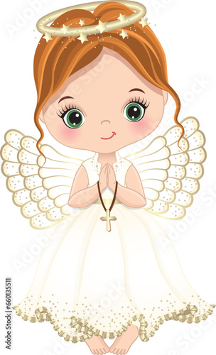Nativity Cute Angel Girl Holding Cross. Vector Angel Little Girl