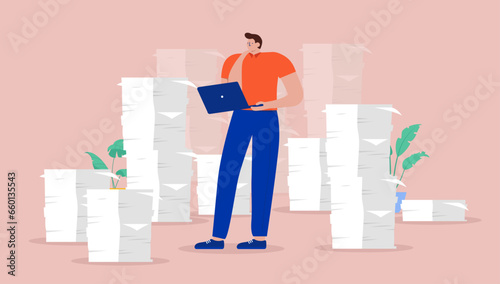 Work overload - Busy person in office with lots of paperwork standing with computer thinking about having way to much to do. Flat design vector illustration