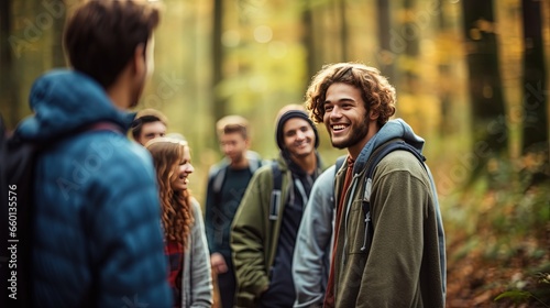 young women and men travel together in autumn woods, Generative Ai