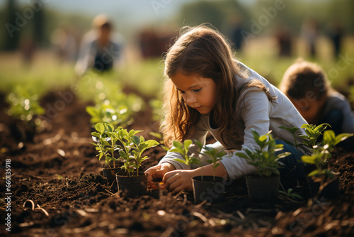 Young girl planting a tree with care and enthusiasm.
