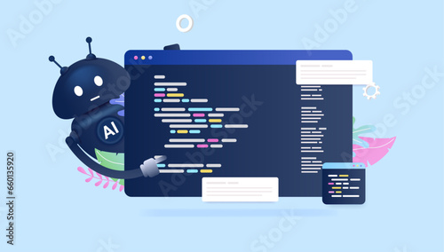 AI coding and programming - Artificial intelligence robot character writing code on computer screen. Automation and data concept, semi flat design vector illustration