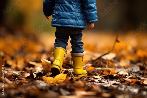 close up kid boy or girl feet wearing winter boots walk on crispy yellow brown autumn fallen leaves ground, Autumn experience happy play time, Generative Ai