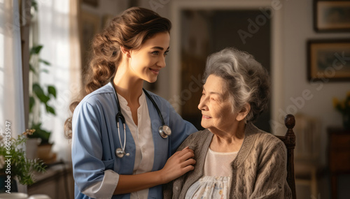 Friendly nurse supporting an elderly lady at home.