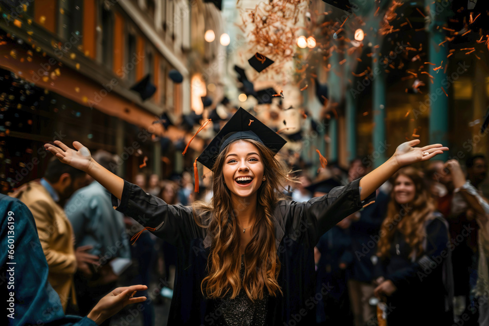 Woman celebrating her graduation in a cap and gown. Woman celebrating her graduation in a cap and gown.