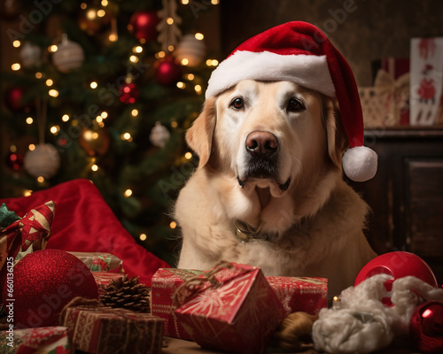 Dogs as Christmas gift, dogs under the christmas tree with gifts and decoration, celebrating Christmas with a labrador