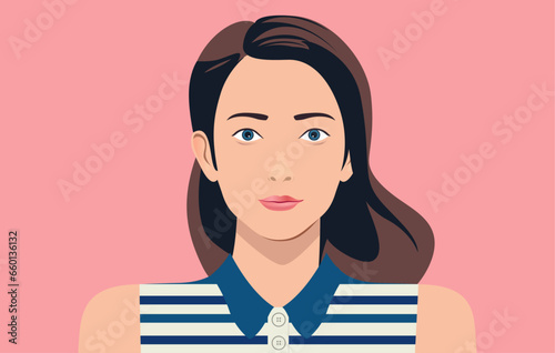 Woman portrait face - Vector illustration of young good looking female person with brown long hair and serious facial expression. Personas concept, in flat design