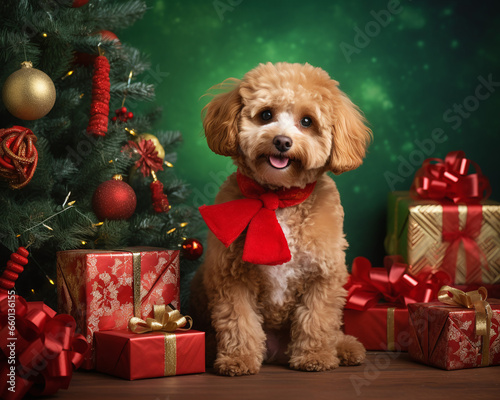 Dogs as Christmas gift, dogs under the christmas tree with gifts and decoration, celebrating Christmas with a poddle