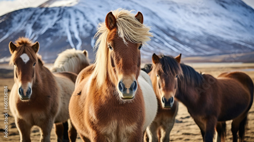 shaggy stocky Icelandic horses stand against a background of grassy hills and plains  animals  mane  pony  breed  north  Iceland  landscape  gait  wildlife  equine  bangs  sky  river