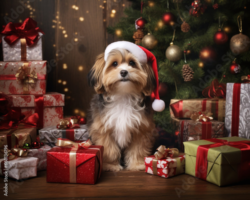 Dogs as Christmas gift, dogs under the christmas tree with gifts and decoration, celebrating Christmas with a Yorkshire terrier