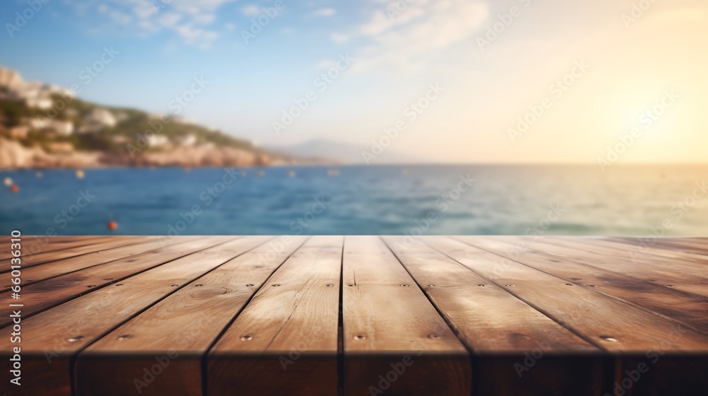 Wooden Table on the Beach with Bokeh Ocean Background, Mediterranean Style. Ideal for Product Presentations and Mockups.