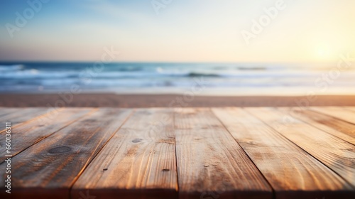Wooden Table on the Beach with Bokeh Ocean Background, Mediterranean Style. Ideal for Product Presentations and Mockups.
