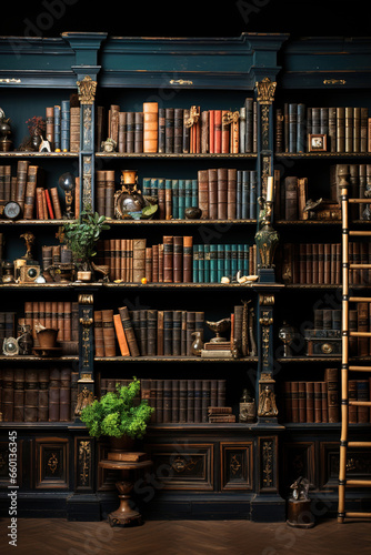 Bookshelf filled with a variety of books in a cozy home library.