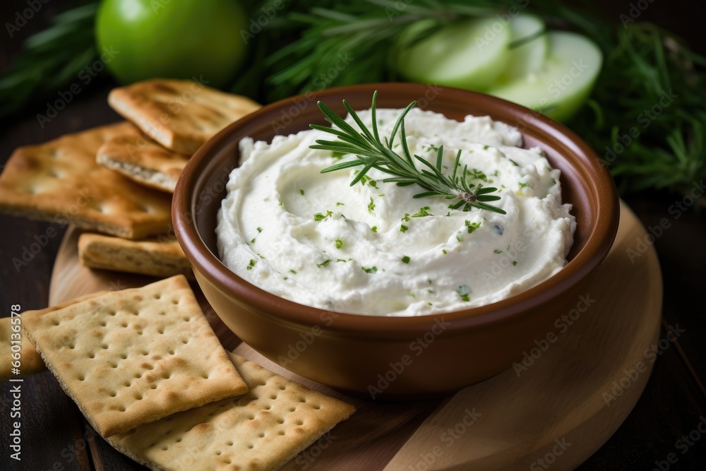 A bowl of creamy cheese dip with crackers and vegetables on a wooden table, with a blurred background. A bowl of creamy cheese dip with crackers and vegetables on a wooden table, with a blurred background.