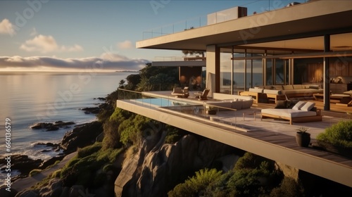 A modern cliffside villa and infinity pool with cantilevered architecture. © visoot