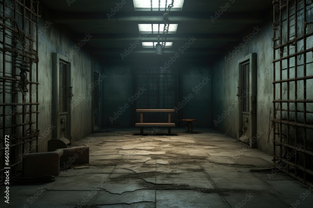 A dilapidated prison cell with a bench and a chair.