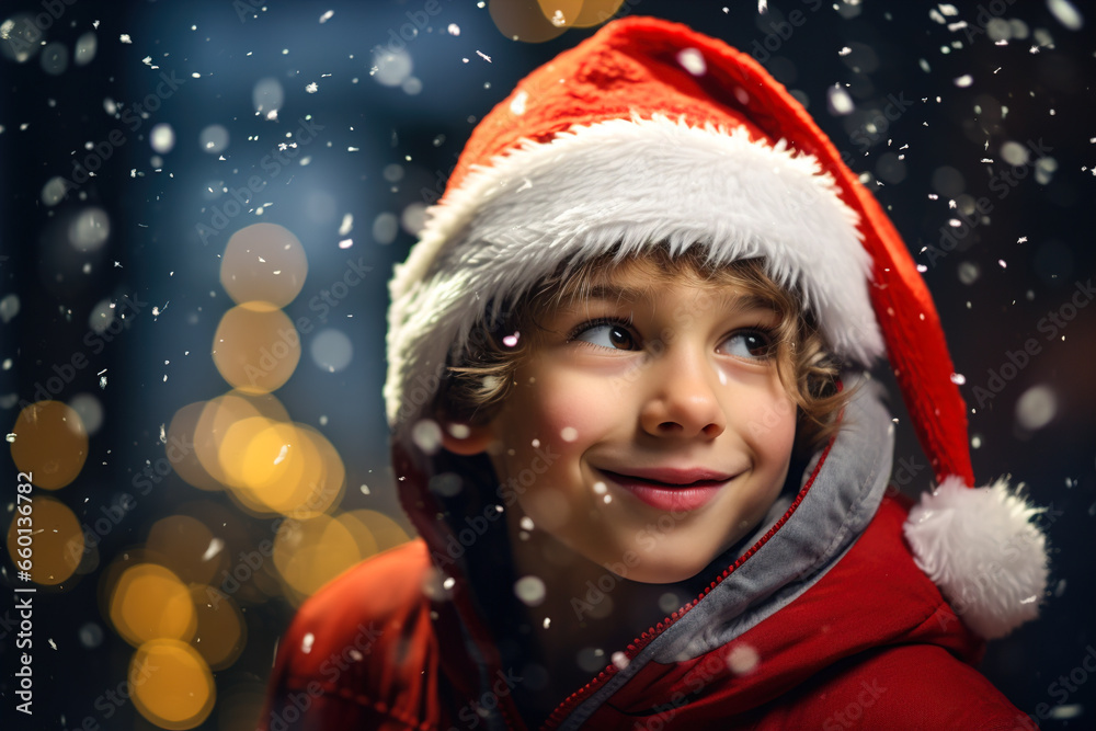 Portrait of a smiling boy in a Santa Claus hat on a bright festive blurred background with bright bokeh and snowflakes. Portrait of a smiling boy in a Santa Claus hat on a bright festive blurred background with bright bokeh and snowflakes.