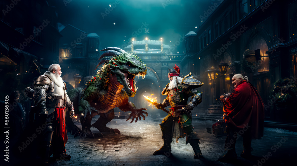 Group of people standing around dragon in front of crowd of people. Group of people standing around dragon in front of crowd of people.