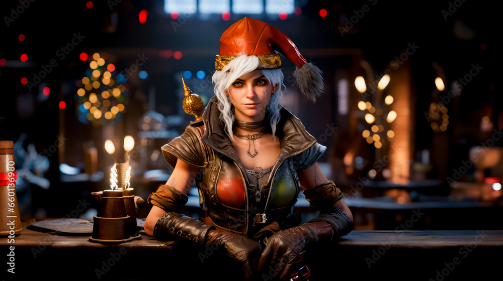 Woman in costume sitting on table with candle in her hand.