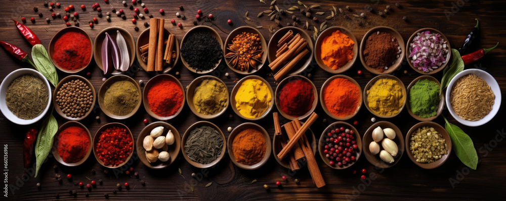 Colorful spices on wooden table Colorful spices on wooden table