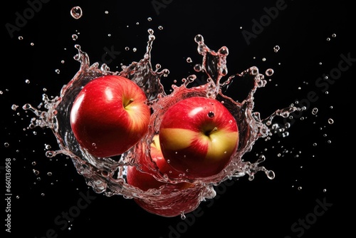 Three red and yellow apples splashing in clear water against a black background.