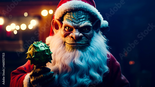 Close up of person wearing santa clause outfit and holding ball.