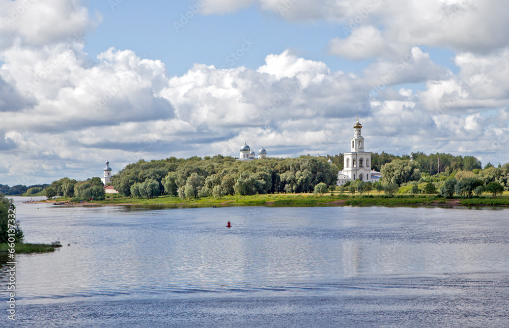The Volkhov River with a view of the St. George's Monastery. Velikiy Novgorod. Russia