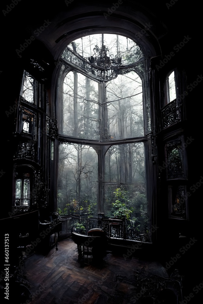 interior of a grand Victorian mansion dark and melancholy with tall windows overlooking the forest 