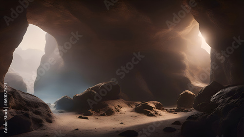 Interior of a cave with light coming through the rocks. 3d rendering