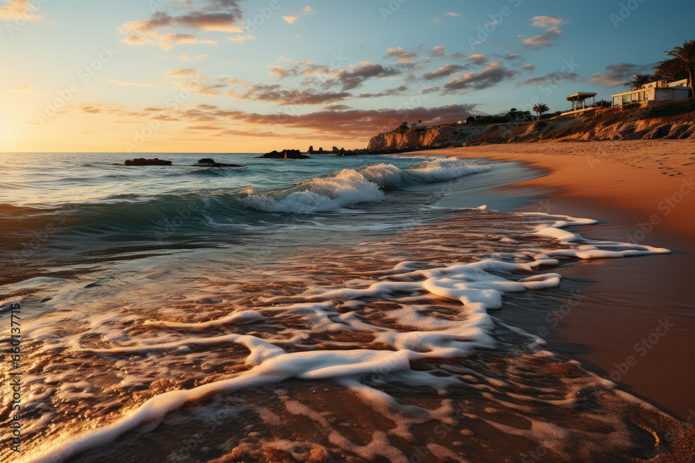 A serene beach at sunrise, with soft waves gently lapping the shore. Concept of coastal tranquility. Generative Ai.