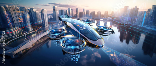 Tela futuristic manned roto passenger drone flying in the sky over modern city for fu