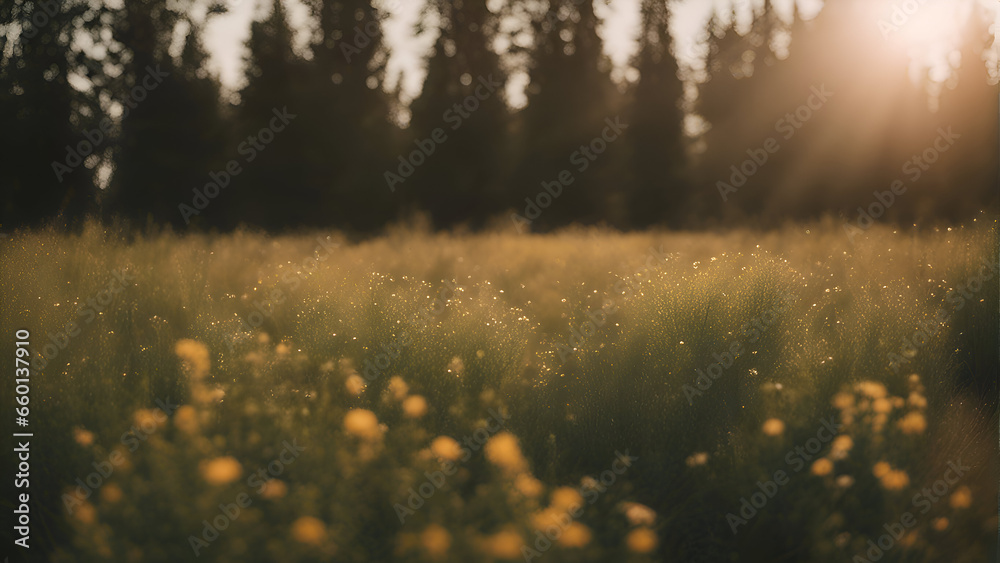Sunset over the meadow with yellow wildflowers and forest in the background