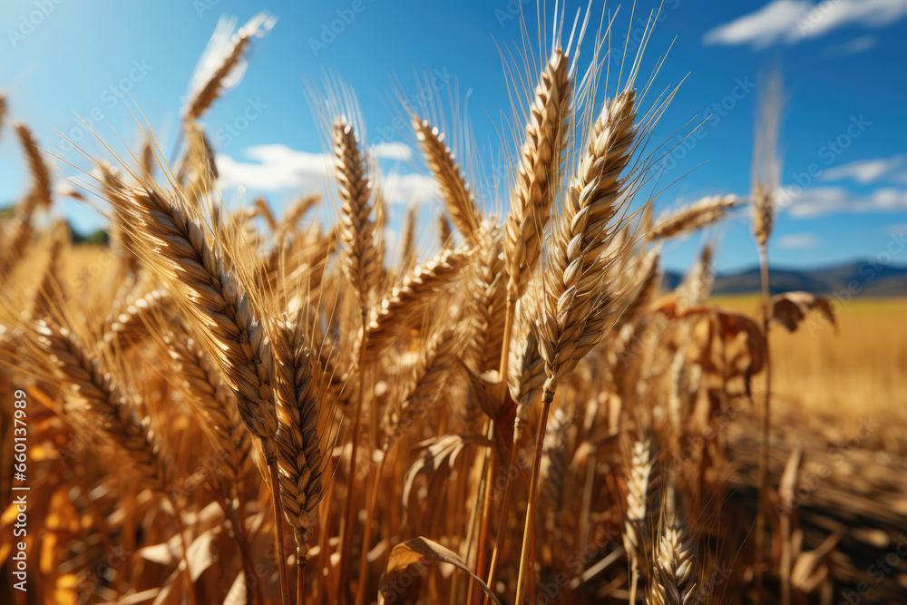 A field of golden wheat swaying in the breeze, symbolizing abundance and the harvest season. Concept of agricultural bounty. Generative Ai. A field of golden wheat swaying in the breeze, symbolizing abundance and the harvest season. Concept of agricultural bounty. Generative Ai.