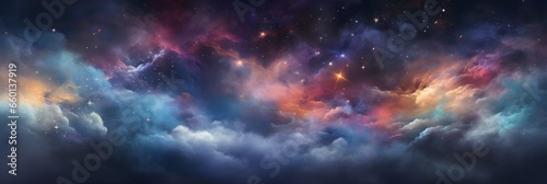 A vibrant sky adorned with swirling clouds and twinkling stars