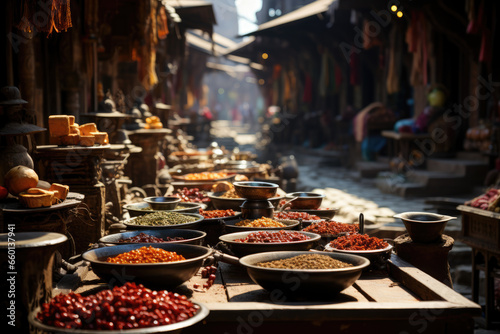 A bustling street market with colorful stalls and exotic spices  capturing the vibrant energy of a cultural bazaar. Concept of cultural diversity. Generative Ai.