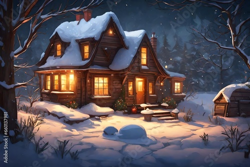 a cozy winter scene featuring a charming small house covered in snow  with the warm glow of interior lights shining through the windows. 