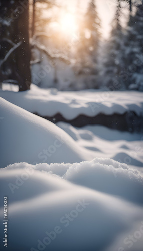Snowy landscape in the forest at sunset. Beautiful winter background.