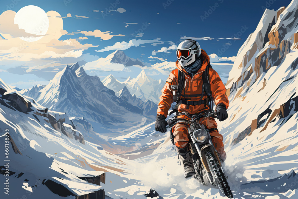 Male biker on a motorcycle rides on a snowy off-road through challenging terrain in the mountains in winter Male biker on a motorcycle rides on a snowy off-road through challenging terrain in the mountains in winter