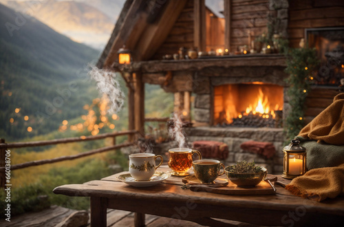 Cozy cabin in the mountains  with a warm fire crackling in the fireplace and a steaming cups of soothing tea made from hand-picked natural herbs. Generative AI