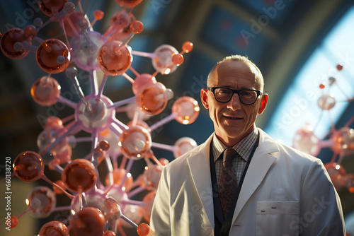 A man in a suit scientific researcher standing to 3D Molecular structure