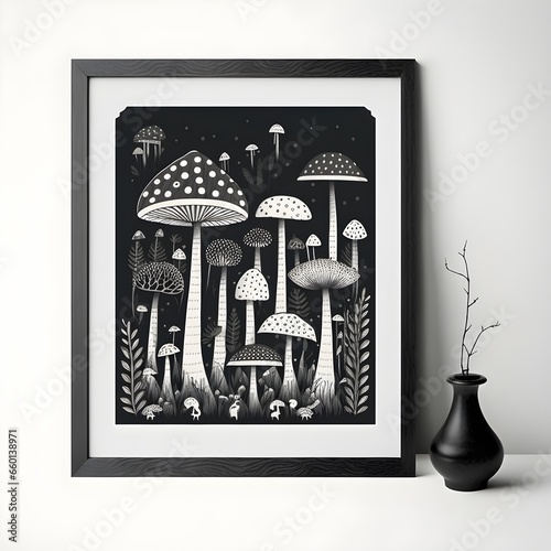 black and white print folk art style row of mushrooms fly agaric 