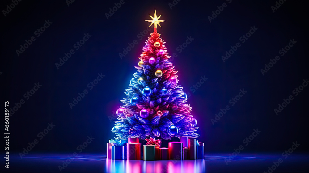 Abstract christmas tree with lights, generative ai  - obrazy, fototapety, plakaty 
